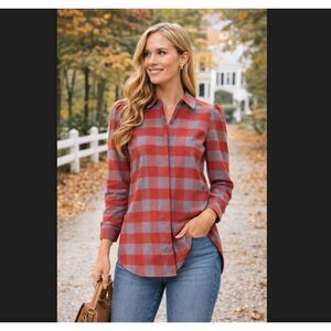 Tuckernuck Plaid Flannel Shirt XL Saranac Red Gray Button Up Puff Sleeve Cotton
